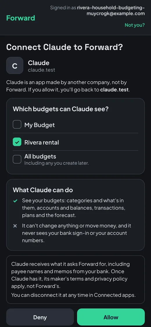 Connecting an AI assistant: choosing which budgets it can see