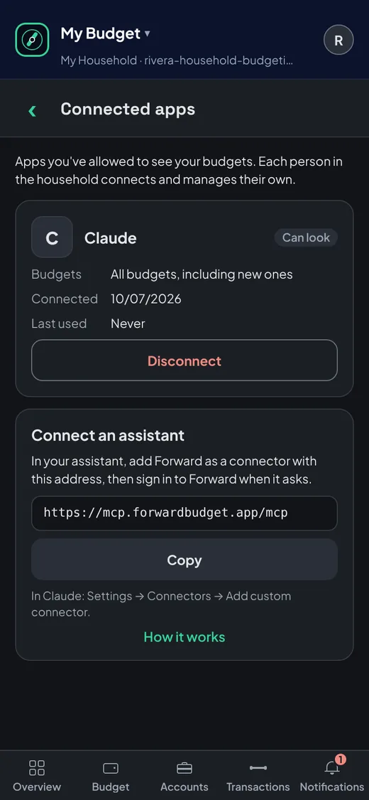 Connected apps, listing the AI assistant connected to this budget