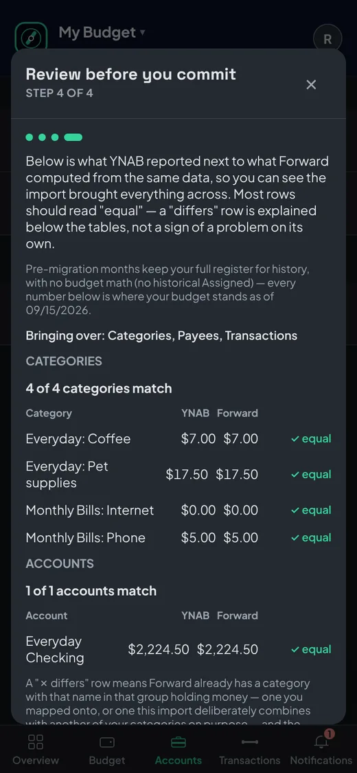 The import's review step: every account and category balance checked before anything is saved