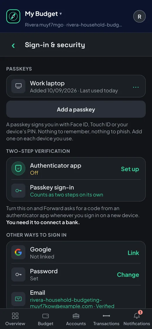 Sign-in & security: a saved passkey and two-step verification