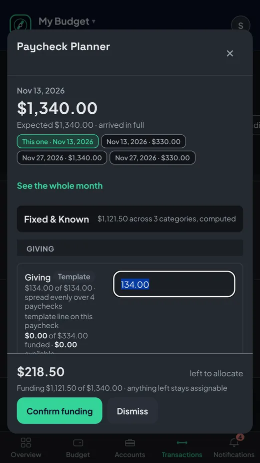 Paycheck Planner splitting Alex's Nov 13 paycheck across rent, giving and bills