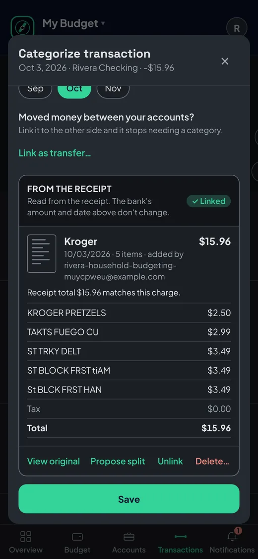 A Kroger charge with its receipt linked, every item and the total listed