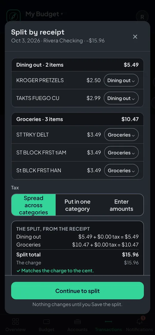 A grocery receipt split across categories, item by item