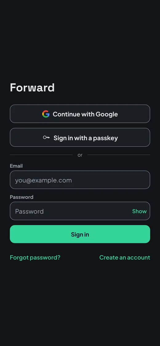 Forward's sign-in screen with Sign in with a passkey and Continue with Google
