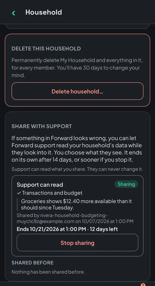 The Household screen's Share with support card: support can read transactions and budget, sharing ends on its own after 14 days, and a Stop sharing button ends it sooner